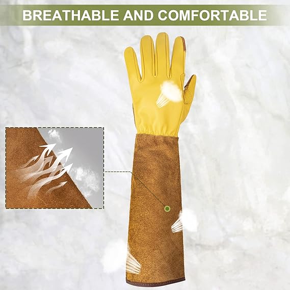 Long Leather Gardening Gloves – Thornproof, Wear-Resistant with Forearm Protection, Non-Slip Padded Palm (Heavy-Duty for Rose & Cactus Work)