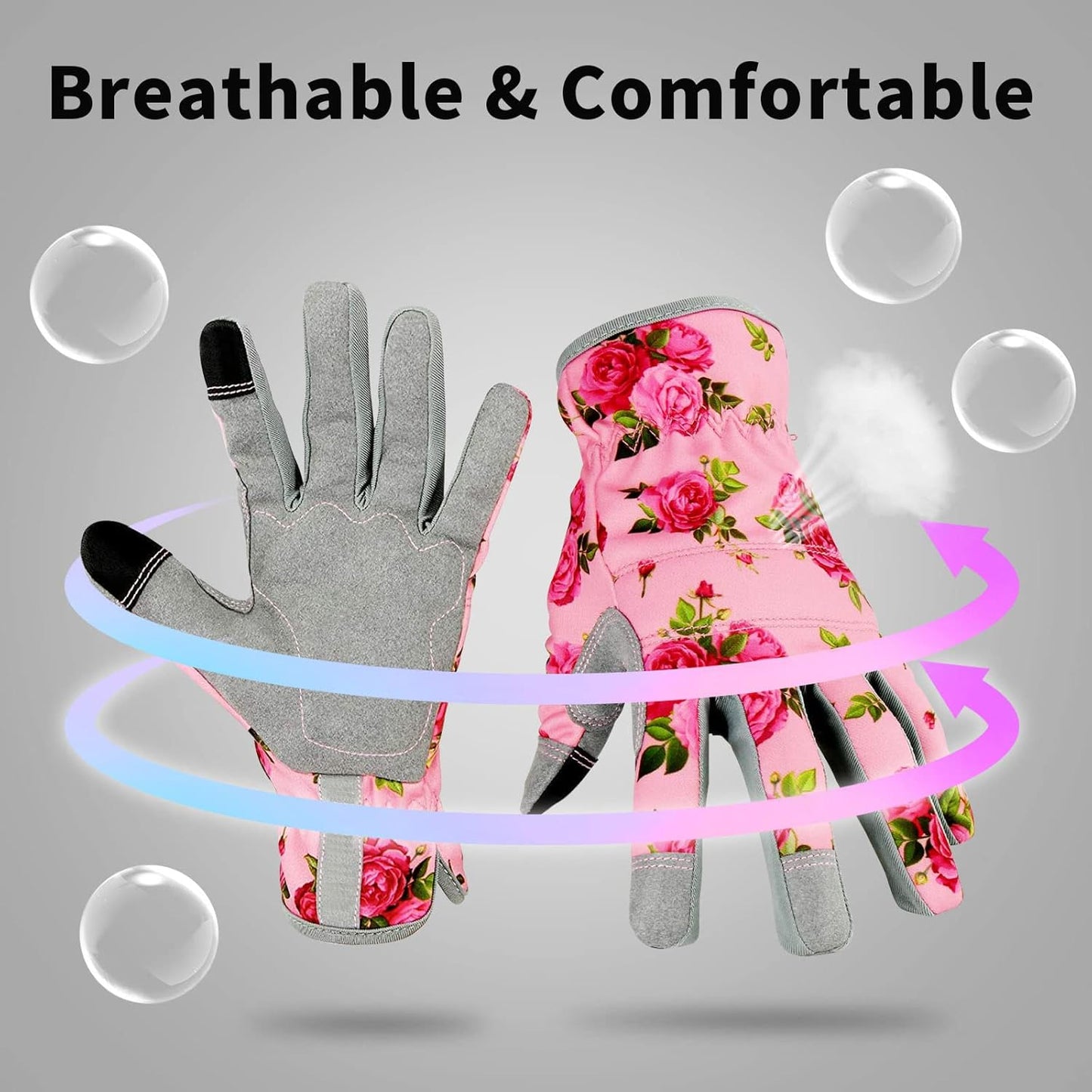 Women’s Rose Floral Gardening Gloves – Touchscreen Fingertips, Breathable Fabric, Non-Slip Palm, One Size Fits Most (Pink Print)